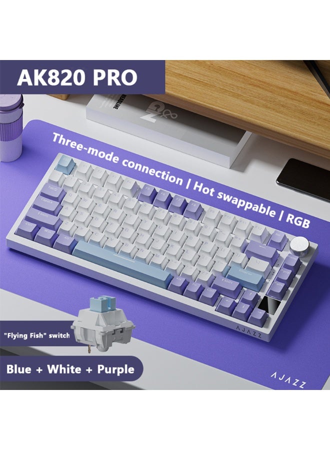 AK820 Pro Gaming Keyboard,75% Gasket-mounted Mechanical Keyboard with TFT Screen, RGB Light, 3 Modes(Bluetooth 5.1/2.4G Wireless & Type-C Wired), Sound Dampening Foams (Purple White, Ajazz Flying Fish Switch)