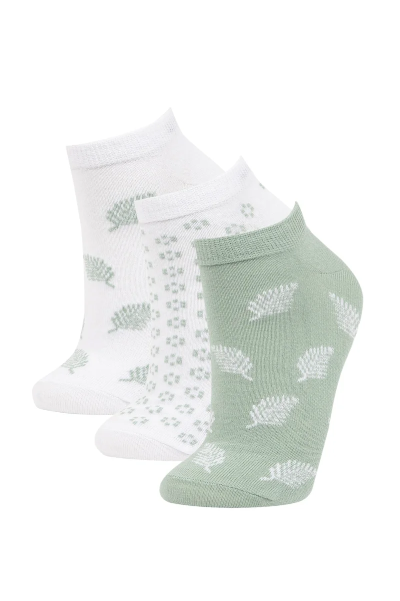 ديفاكتو Woman Leaf Printed 3 Piece Cotton Bootie Socks