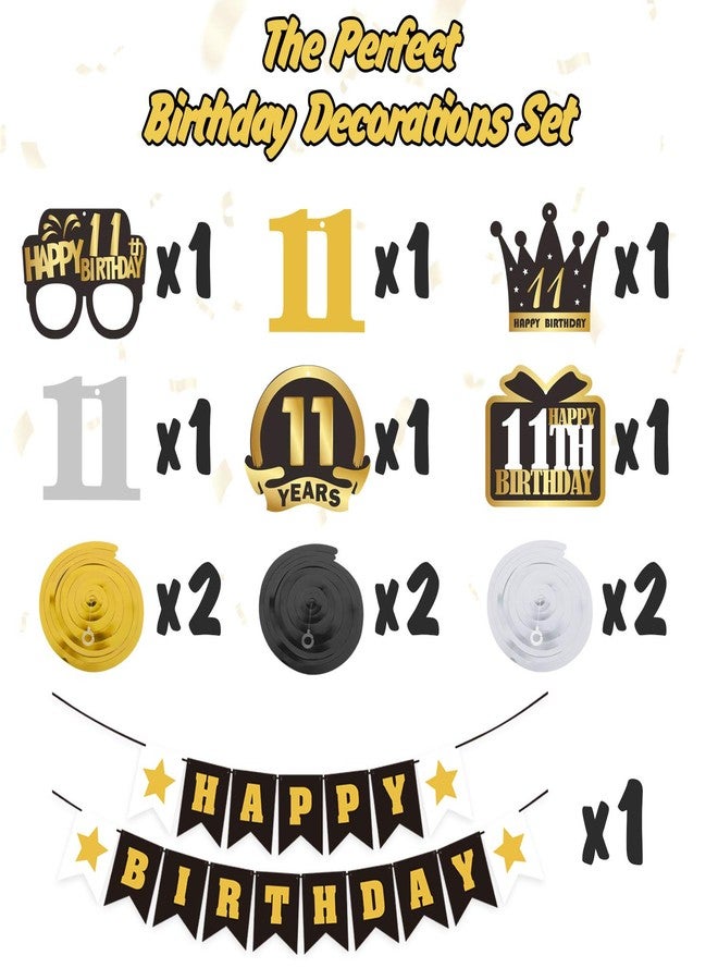 LINGTEER Happy 11th Birthday Decorations Set - 12Pcs Black & Gold Swirls Streamer with Happy Birthday Bunting Banner,Cheers to Eleven Years Old Bday Party Decorations Gift Sign. - Image 2