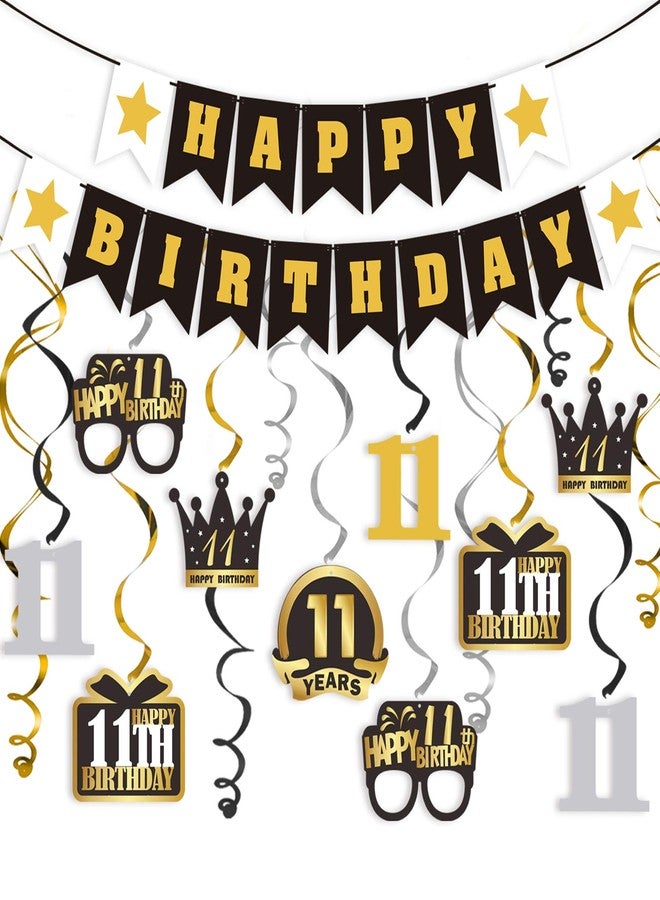 LINGTEER Happy 11th Birthday Decorations Set - 12Pcs Black & Gold Swirls Streamer with Happy Birthday Bunting Banner,Cheers to Eleven Years Old Bday Party Decorations Gift Sign. - Image 1