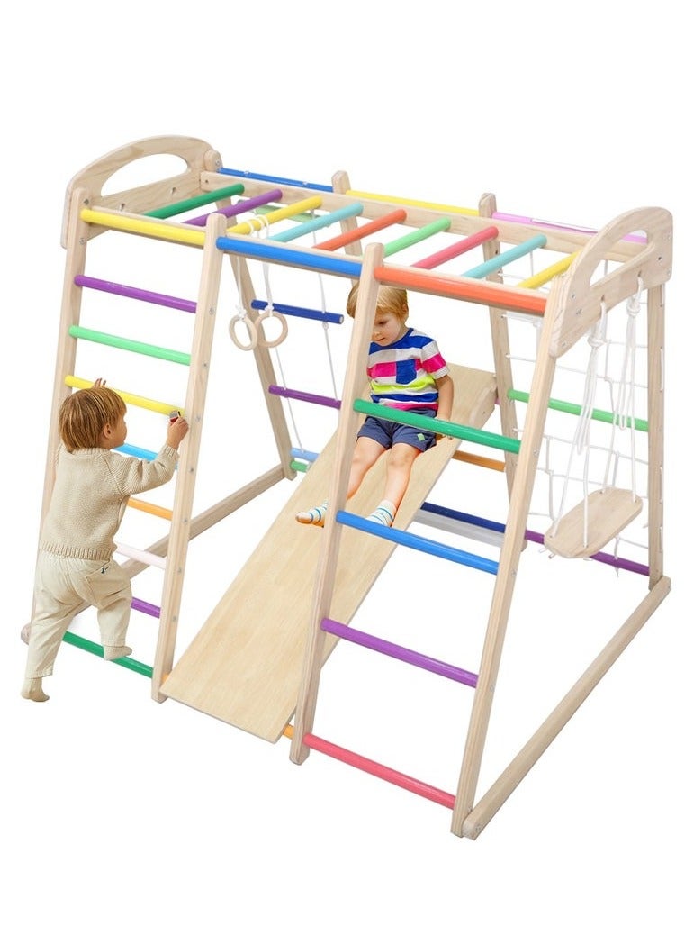 XiuWoo 7 in 1 Pikler Indoor Playground Jungle Gym Playset, Wooden Montessori Climber with Slide, Rock Climb Wall, Monkey Bars, Rope Ladder, Climbing Rope and Swing for Kids Rainbow - Image 1