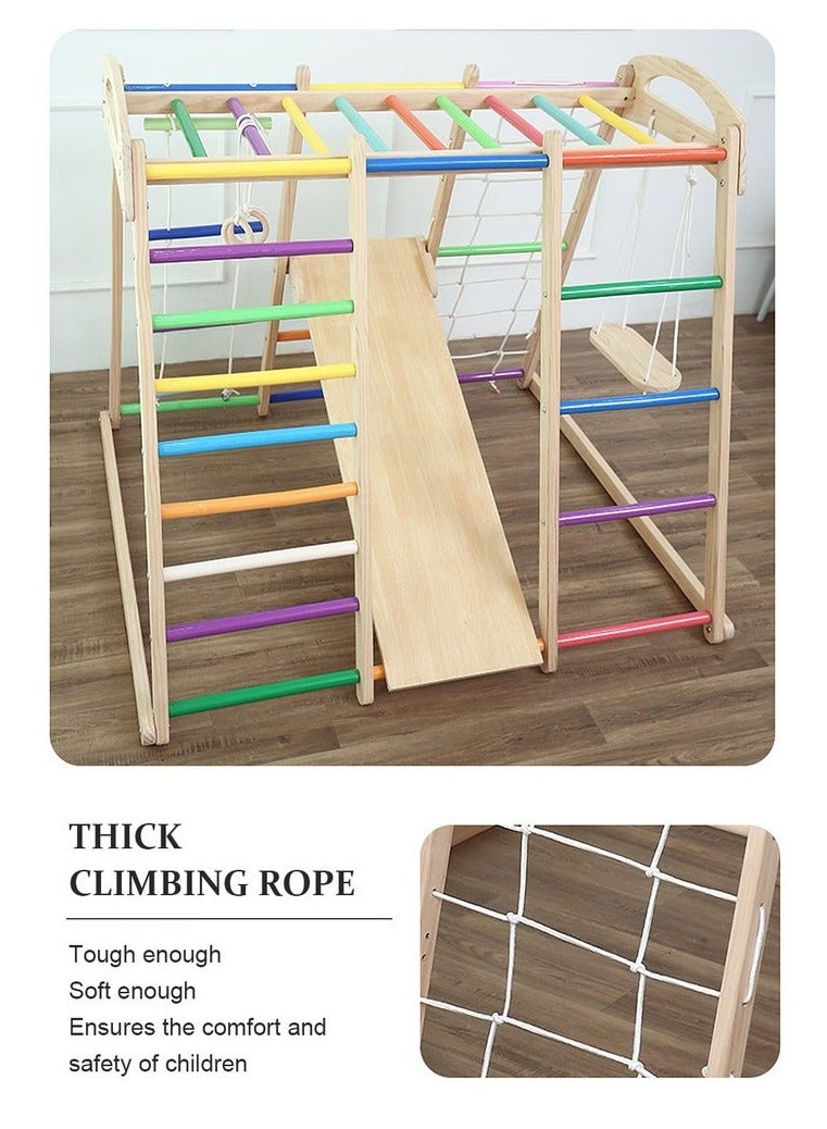 XiuWoo 7 in 1 Pikler Indoor Playground Jungle Gym Playset, Wooden Montessori Climber with Slide, Rock Climb Wall, Monkey Bars, Rope Ladder, Climbing Rope and Swing for Kids Rainbow - Image 3