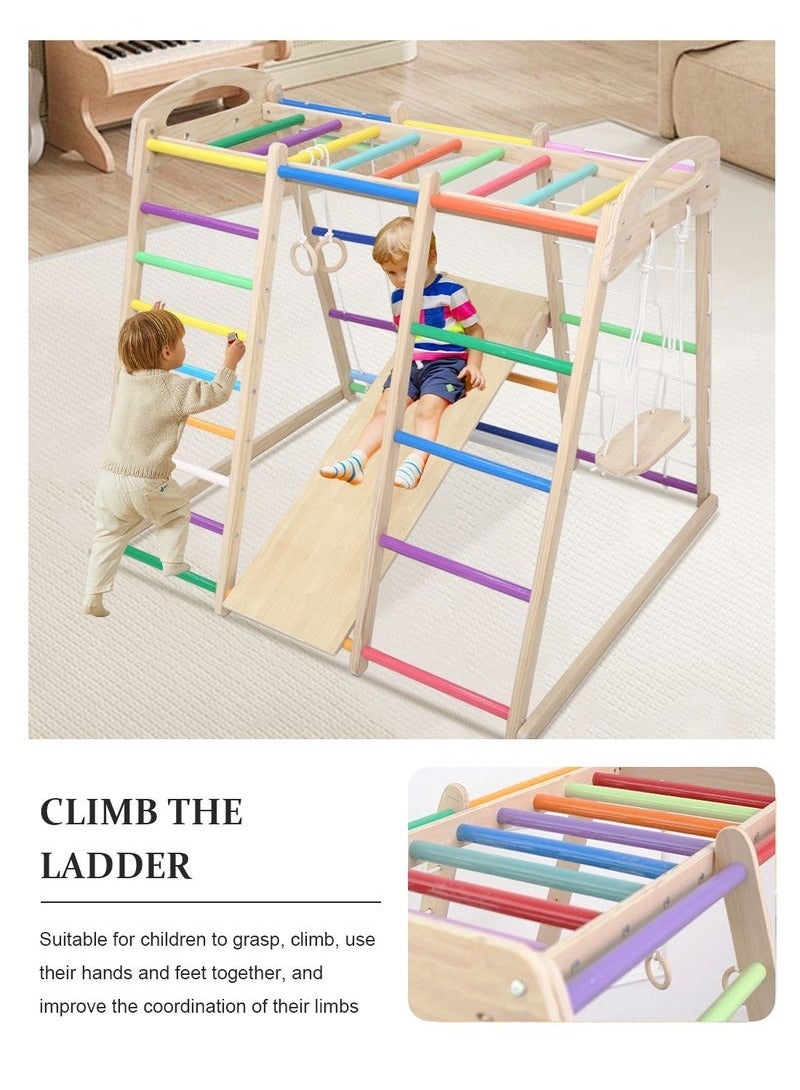 XiuWoo 7 in 1 Pikler Indoor Playground Jungle Gym Playset, Wooden Montessori Climber with Slide, Rock Climb Wall, Monkey Bars, Rope Ladder, Climbing Rope and Swing for Kids Rainbow - Image 4