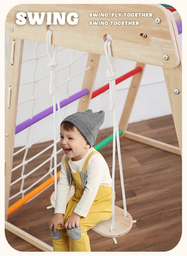 XiuWoo 7 in 1 Pikler Indoor Playground Jungle Gym Playset, Wooden Montessori Climber with Slide, Rock Climb Wall, Monkey Bars, Rope Ladder, Climbing Rope and Swing for Kids Rainbow - Image 5