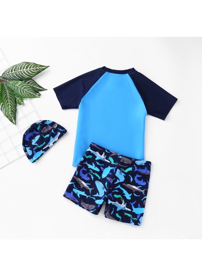 Generic 3 Piece Kids Swimsuit with Cap Set for Boys, Shark Print Swimwear Children Swimming Trunks Short Sleeves Clothing Beachwear Bathing Suit for Summer, Blue, 110-120CM  - Image 2