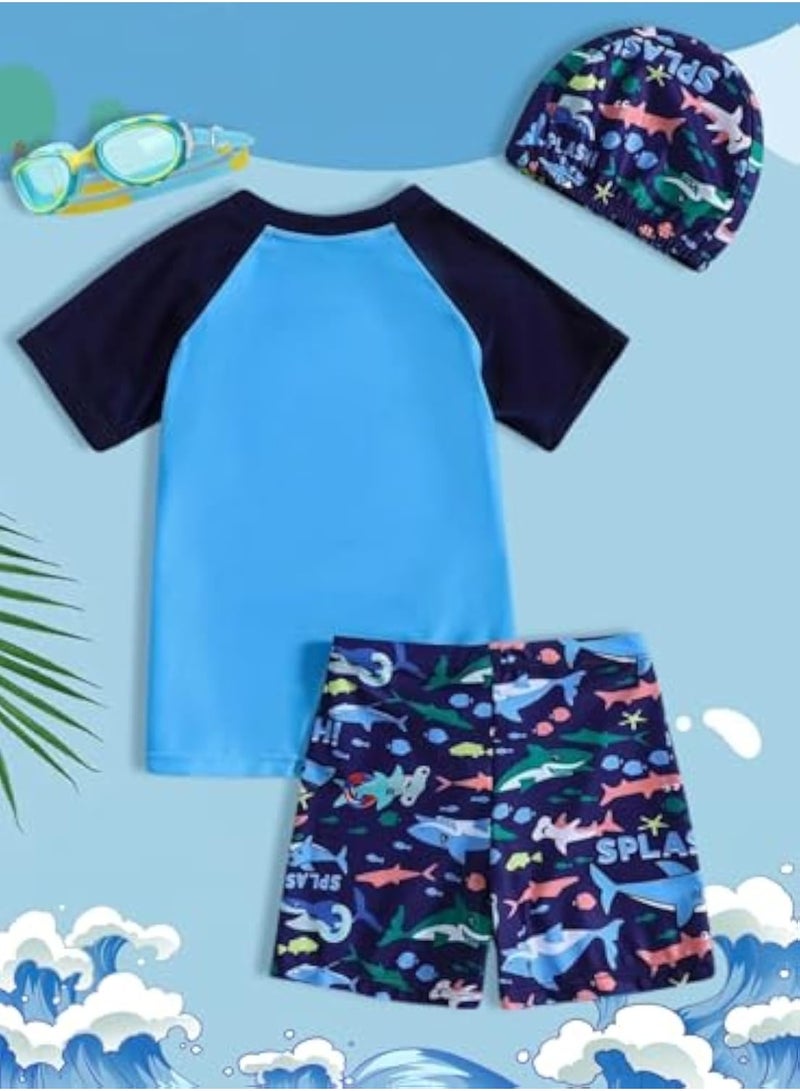 Generic 3 Piece Kids Swimsuit with Cap Set for Boys, Shark Print Swimwear Children Swimming Trunks Short Sleeves Clothing Beachwear Bathing Suit for Summer, Blue, 110-120CM  - Image 3
