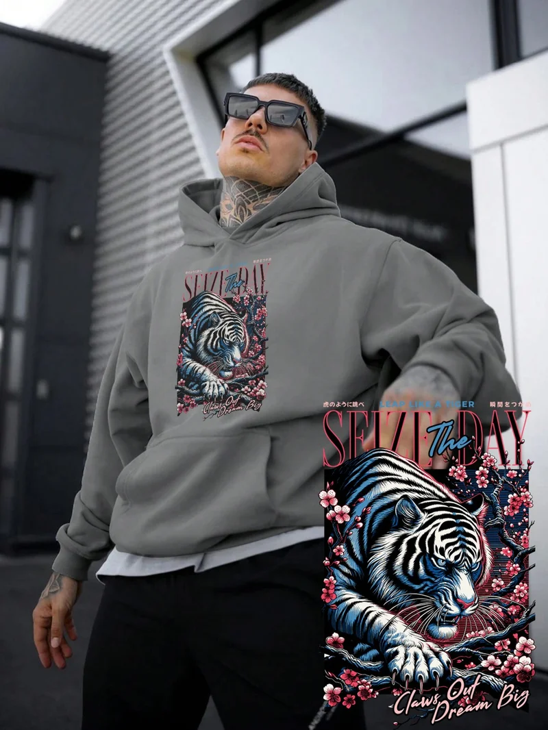 DogFish Women, Men's Sweatshirt Oversize Tiger Leap Printed Thick Gray Lover Sweatshirt