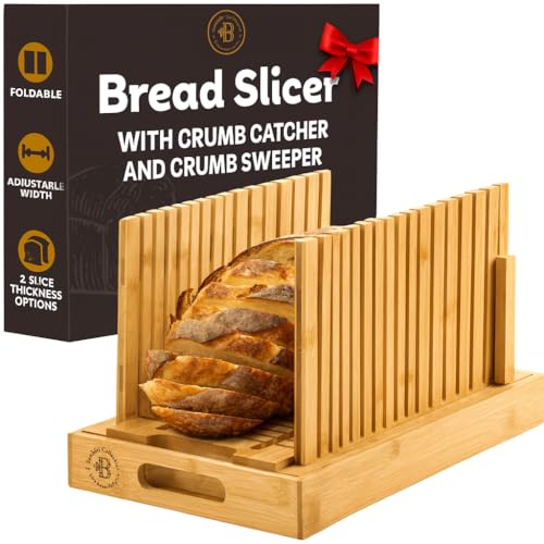 Bambüsi Bread Slicer for Homemade Bread - Adjustable Loaf Width Bread Cutter with Foldable Slicing Guide and Crumb Tray - Wooden Bread Cutting Board for Loaf, Cake, Bagels, Artisan Bread - Gift for Bakers - Image 1