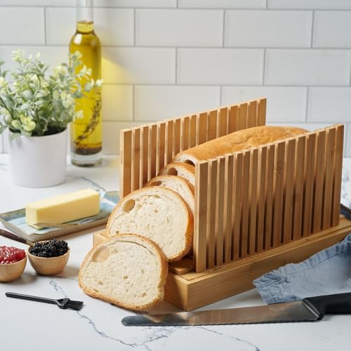 Bambüsi Bread Slicer for Homemade Bread - Adjustable Loaf Width Bread Cutter with Foldable Slicing Guide and Crumb Tray - Wooden Bread Cutting Board for Loaf, Cake, Bagels, Artisan Bread - Gift for Bakers - Image 5