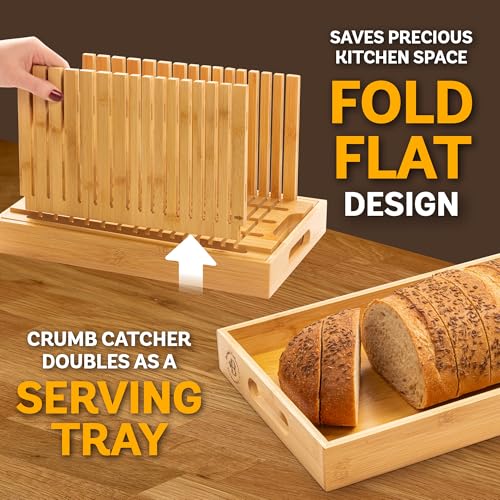 Bambüsi Bread Slicer for Homemade Bread - Adjustable Loaf Width Bread Cutter with Foldable Slicing Guide and Crumb Tray - Wooden Bread Cutting Board for Loaf, Cake, Bagels, Artisan Bread - Gift for Bakers - Image 4