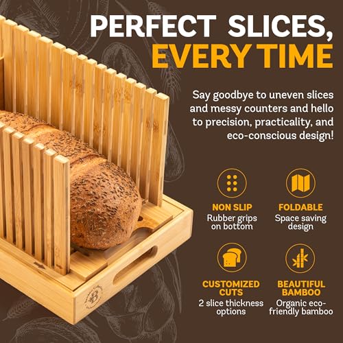 Bambüsi Bread Slicer for Homemade Bread - Adjustable Loaf Width Bread Cutter with Foldable Slicing Guide and Crumb Tray - Wooden Bread Cutting Board for Loaf, Cake, Bagels, Artisan Bread - Gift for Bakers - Image 2