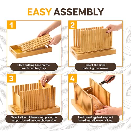 Bambüsi Bread Slicer for Homemade Bread - Adjustable Loaf Width Bread Cutter with Foldable Slicing Guide and Crumb Tray - Wooden Bread Cutting Board for Loaf, Cake, Bagels, Artisan Bread - Gift for Bakers - Image 3
