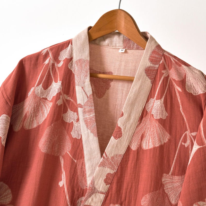 Purefair 100% Cotton Gauze Ginkgo Leaf Kimono Robe, Long Knit Loose Bathrobe Nightgown Ladies Loungewear Sleepwear for Women - Image 3
