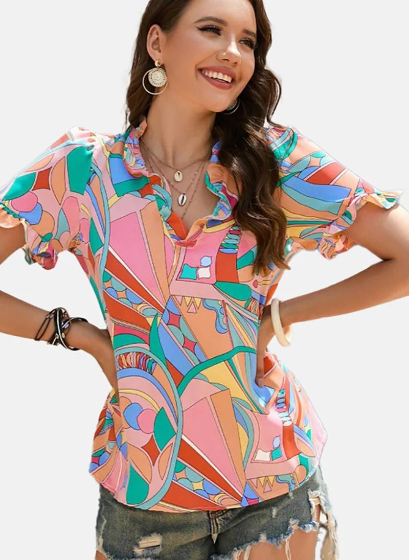 يونيكي Pink Printed Short Sleeve V Neck Tunics