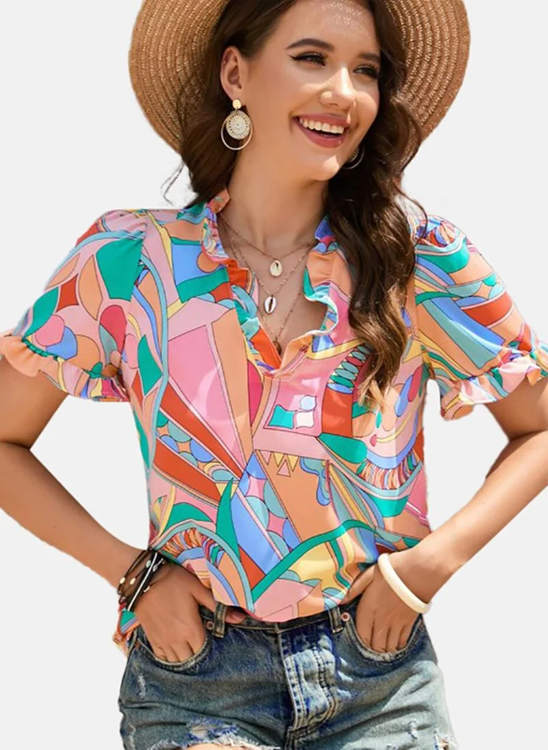 YUNIQEE Pink Printed Short Sleeve V Neck Tunics