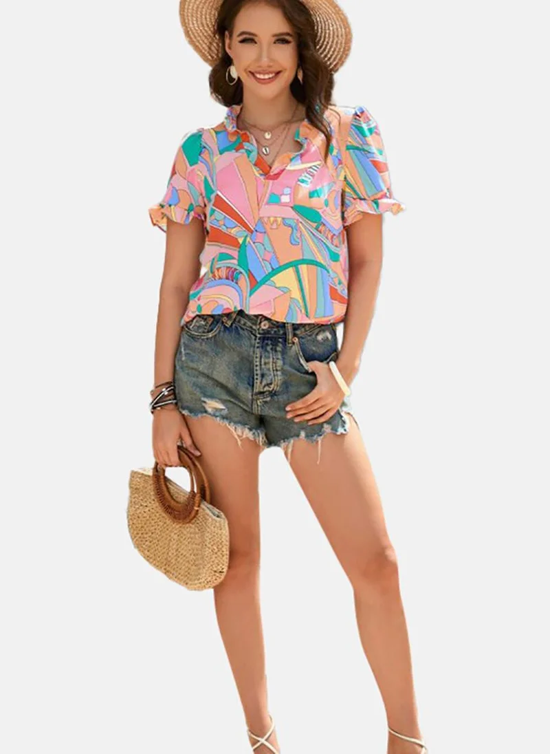 YUNIQEE Pink Printed Short Sleeve V Neck Tunics