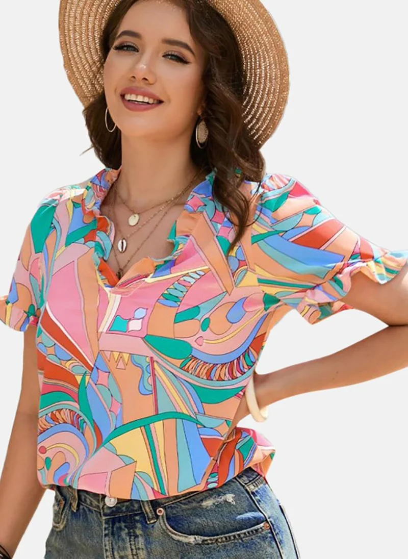 YUNIQEE Pink Printed Short Sleeve V Neck Tunics