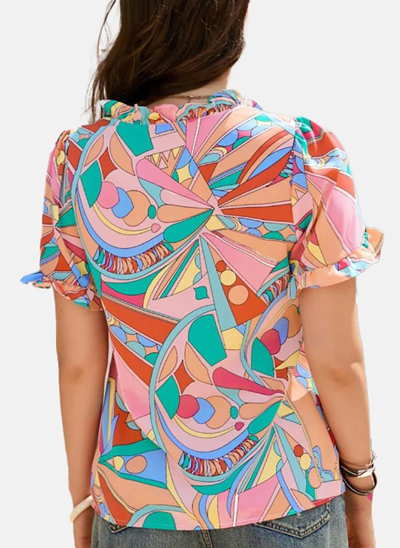YUNIQEE Pink Printed Short Sleeve V Neck Tunics