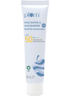 Plum 2% Niacinamide & Rice Water Sunscreen SPF 50 PA+++ | for Oily, Dry & Combination Skin | UVA/UVB Protection | Reduces Tan & Brightens Skin | No White Cast & Non-Sticky | for Women & Men | 15g  - Image 1