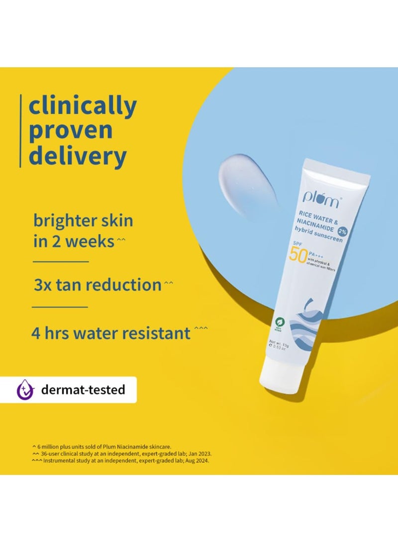 بلوم 2٪ نياسيناميد وماء الأرز الواقي من الشمس بعامل حماية من الشمس SPF 50 PA+++ ++ للبشرة الدهنية والجافة والمختلطة | حماية من الأشعة فوق البنفسجية UVA/UVB | يقلل من اسمرار البشرة ويفتحها | لا توجد صبغة بيضاء وغير لزجة | للنساء والرجال | 15 غم - Image 2