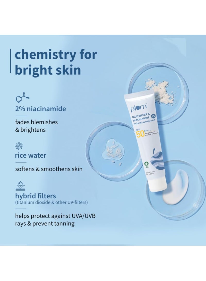 بلوم 2٪ نياسيناميد وماء الأرز الواقي من الشمس بعامل حماية من الشمس SPF 50 PA+++ ++ للبشرة الدهنية والجافة والمختلطة | حماية من الأشعة فوق البنفسجية UVA/UVB | يقلل من اسمرار البشرة ويفتحها | لا توجد صبغة بيضاء وغير لزجة | للنساء والرجال | 15 غم - Image 3