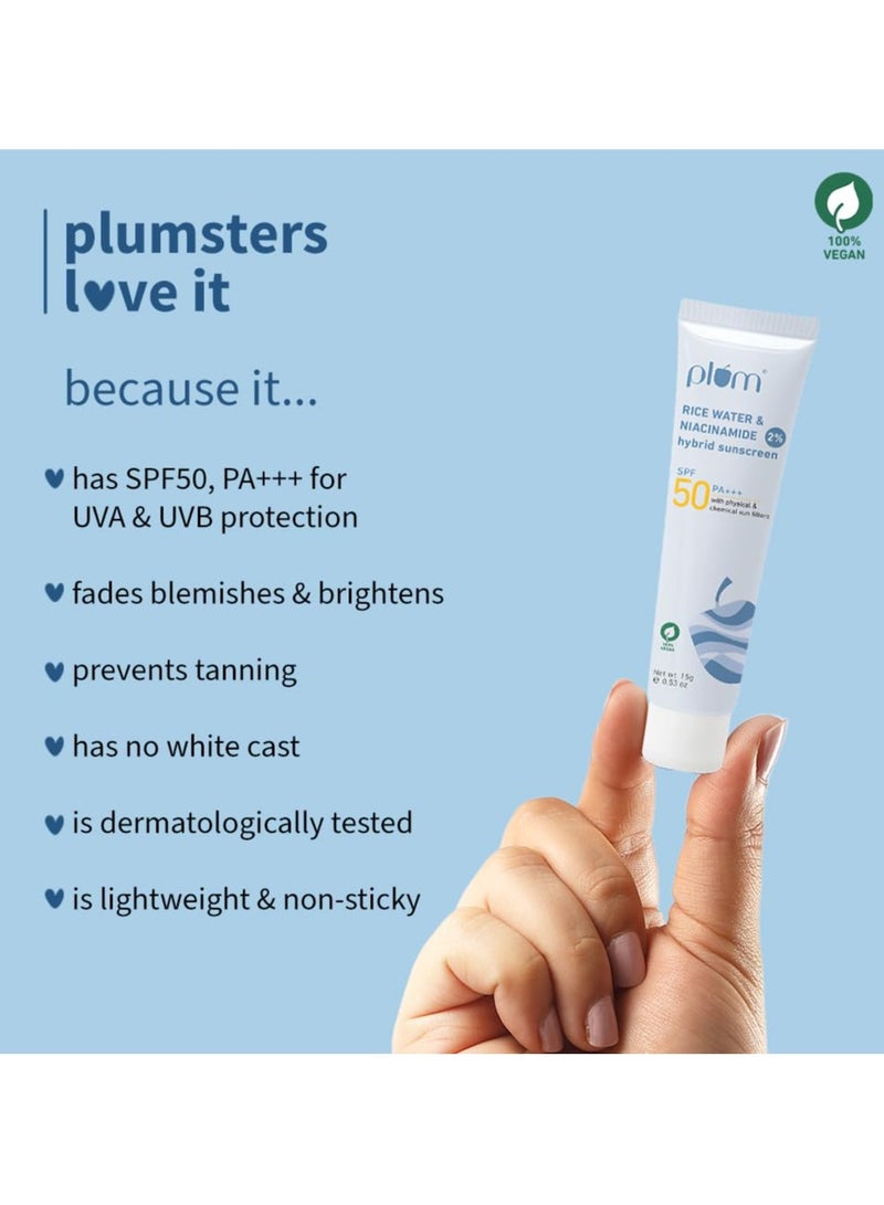 بلوم 2٪ نياسيناميد وماء الأرز الواقي من الشمس بعامل حماية من الشمس SPF 50 PA+++ ++ للبشرة الدهنية والجافة والمختلطة | حماية من الأشعة فوق البنفسجية UVA/UVB | يقلل من اسمرار البشرة ويفتحها | لا توجد صبغة بيضاء وغير لزجة | للنساء والرجال | 15 غم - Image 4