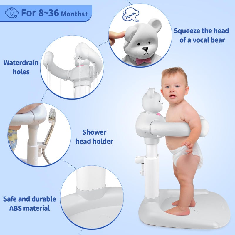 XSMNER Baby Shower Stand, Adjustable Anti-Slip Baby Shower Standing Support, Soporte para BaÃ±era de BebÃ©, Ideal Gift with Squeaky Bear for Infants 8-36 Months (Grey) - Image 4