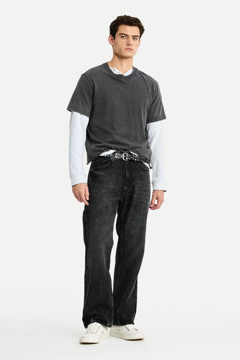 SNITCH Charcoal Grey Solid Straight Fit Casual Jeans
