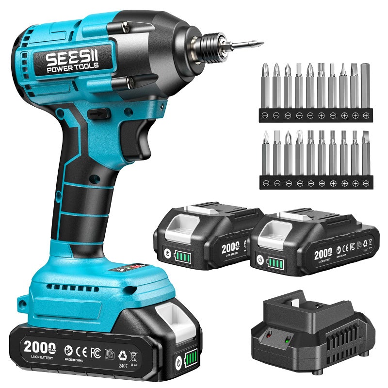 SEESII Cordless Impact Driver Kit, 21V Max Torque 1590 In-lbs(180 N.m) Impact Driver Set with Two 2.0 Ah Batteries, 1/4" Hex Chuck Power Impact Driver w/ 20 Pcs Drill Bits, 0-2500 RPM Variable Speed - Image 1