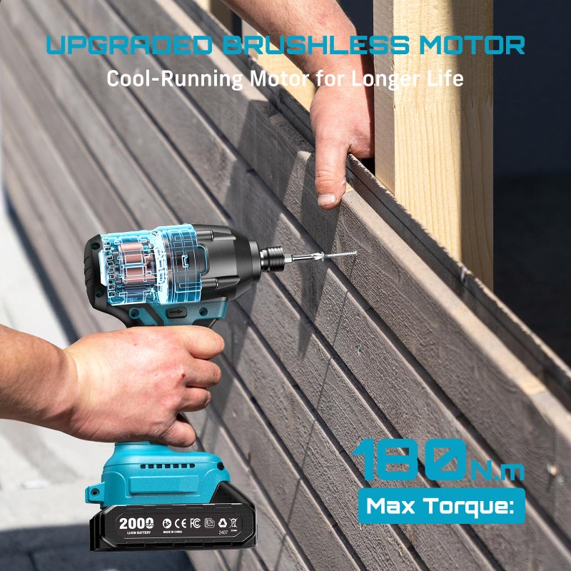 SEESII Cordless Impact Driver Kit, 21V Max Torque 1590 In-lbs(180 N.m) Impact Driver Set with Two 2.0 Ah Batteries, 1/4" Hex Chuck Power Impact Driver w/ 20 Pcs Drill Bits, 0-2500 RPM Variable Speed - Image 3