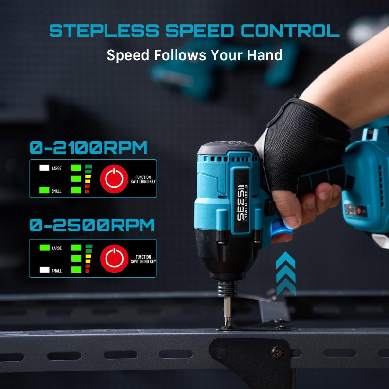 SEESII Cordless Impact Driver Kit, 21V Max Torque 1590 In-lbs(180 N.m) Impact Driver Set with Two 2.0 Ah Batteries, 1/4" Hex Chuck Power Impact Driver w/ 20 Pcs Drill Bits, 0-2500 RPM Variable Speed - Image 5