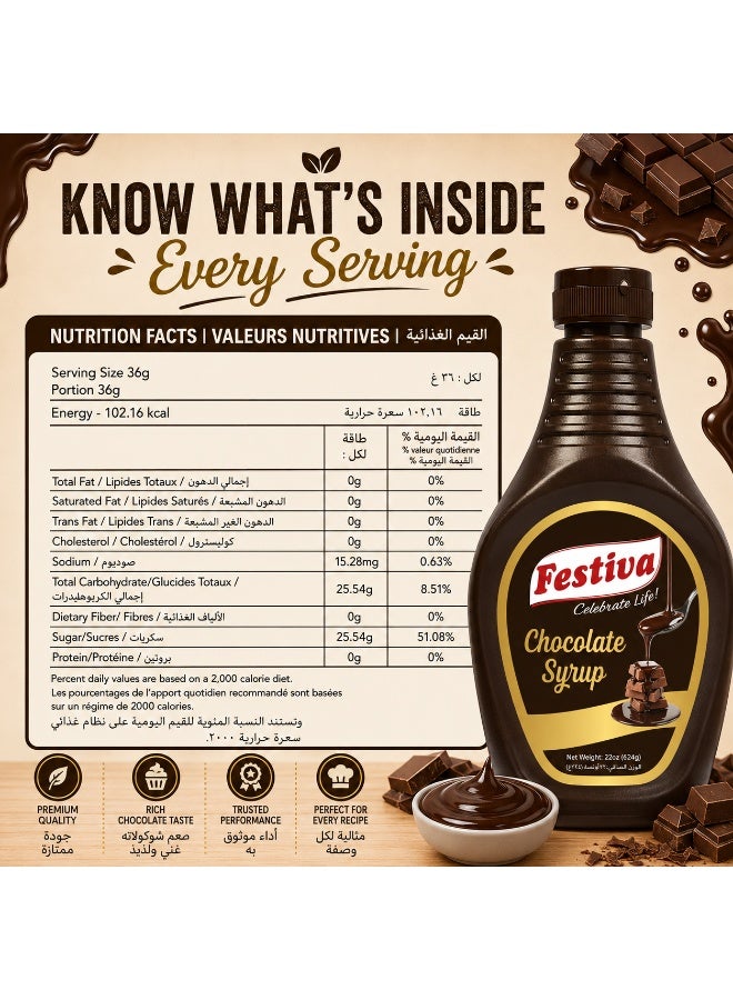 Festiva Chocolate Syrup 624g - Dessert Topping Sauce for Ice Cream, Pancakes, Waffles and Milkshakes - Smooth Chocolate Drizzle Syrup - Image 1