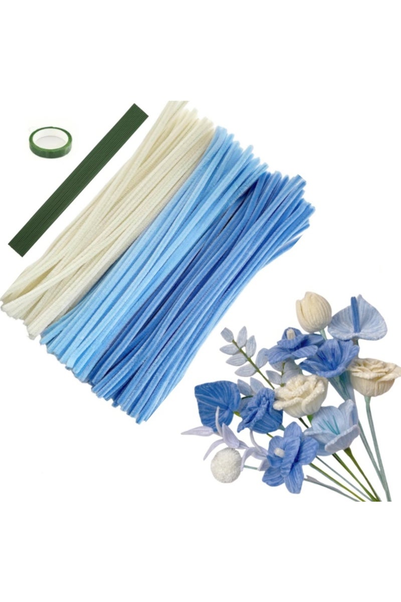 مجموعة زهور من منظف الأنابيب الأزرق والأبيض، 161 قطعة (150/161 قطعة)، مجموعة أعمال يدوية، هدية مثالية لعيد الأم أو التخرج.