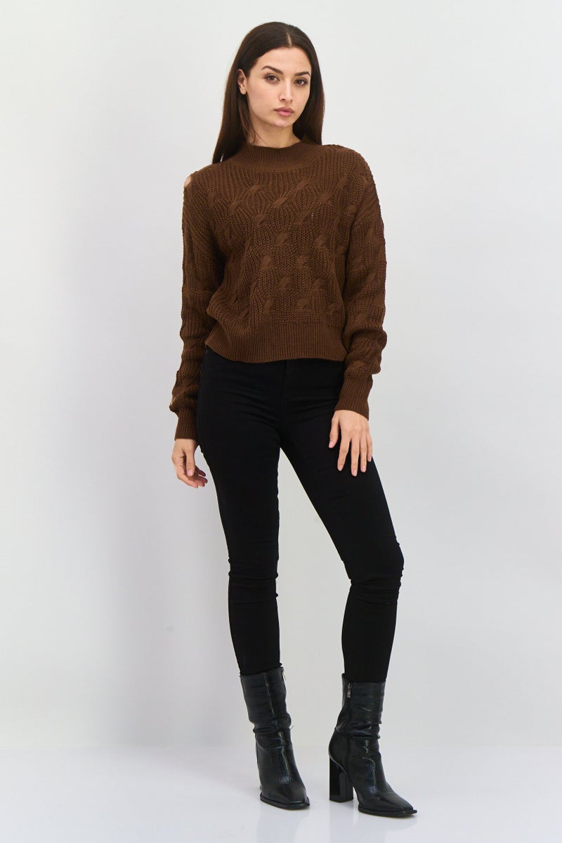 Mode by Redtape Women High Neck Knitted Sweater, Dark Brown - Image 4
