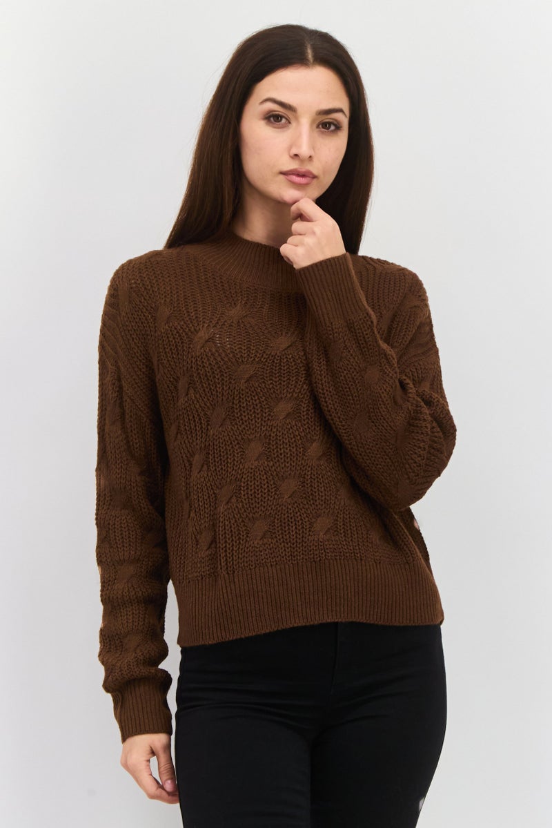 Mode by Redtape Women High Neck Knitted Sweater, Dark Brown - Image 1