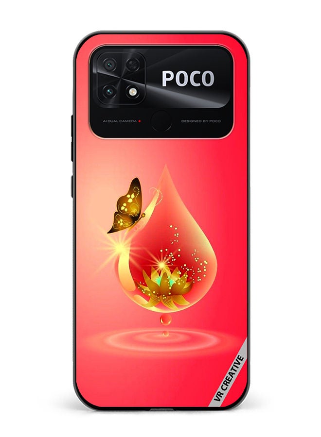 VR CREATIVE Protective Case Cover For Xiaomi Poco C40 Golden Butterfly Red Waterdrop Design Multicolour - Image 1