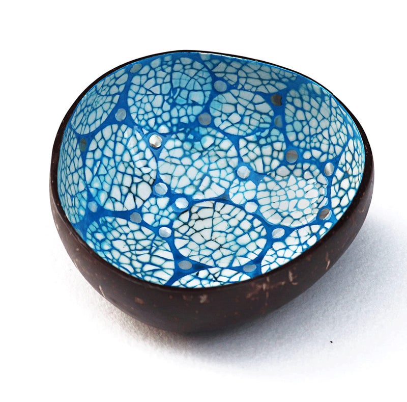 ChezMax Natural Coconut Bowl with Mother of Pearl Inlaid Shell Handcrafted Home Decoration Entryway Table Key Bowl or Candy Container Fruit and Nuts Holder Blue
