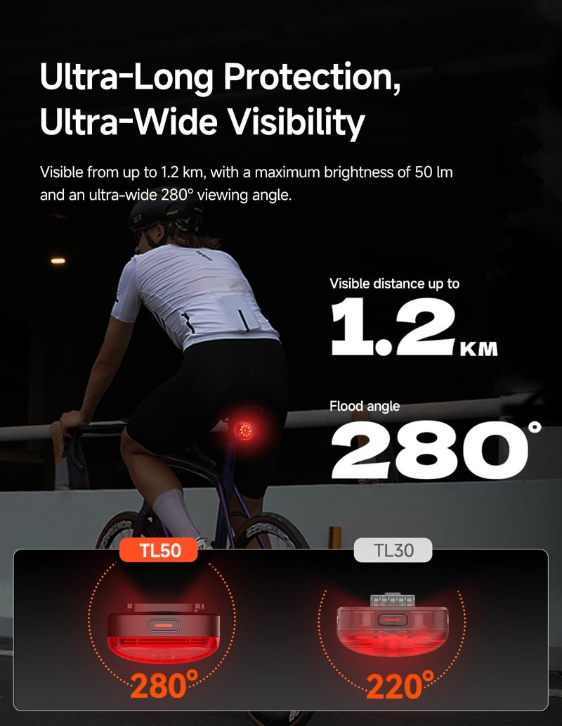 iGPSPORT TL50 Smart Bike Tail Light, Brake Parking Warning Shimano Control Bluetooth Rechargeable Rear Bike Light - Image 3