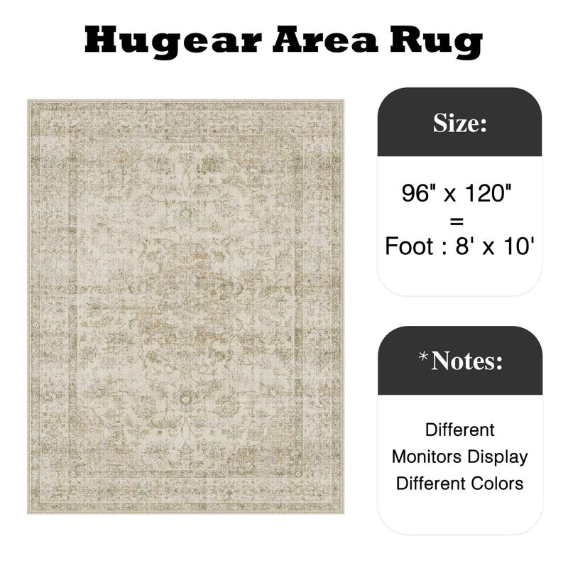 HUGEAR Retro Beige Area Rug 8x10 Machine Washable Living Room Rugs Distressed Vintage Floral Low Pile Carpet Bedroom Office Dining Room Laundry Room Non Slip Soft Lightweight - Image 2