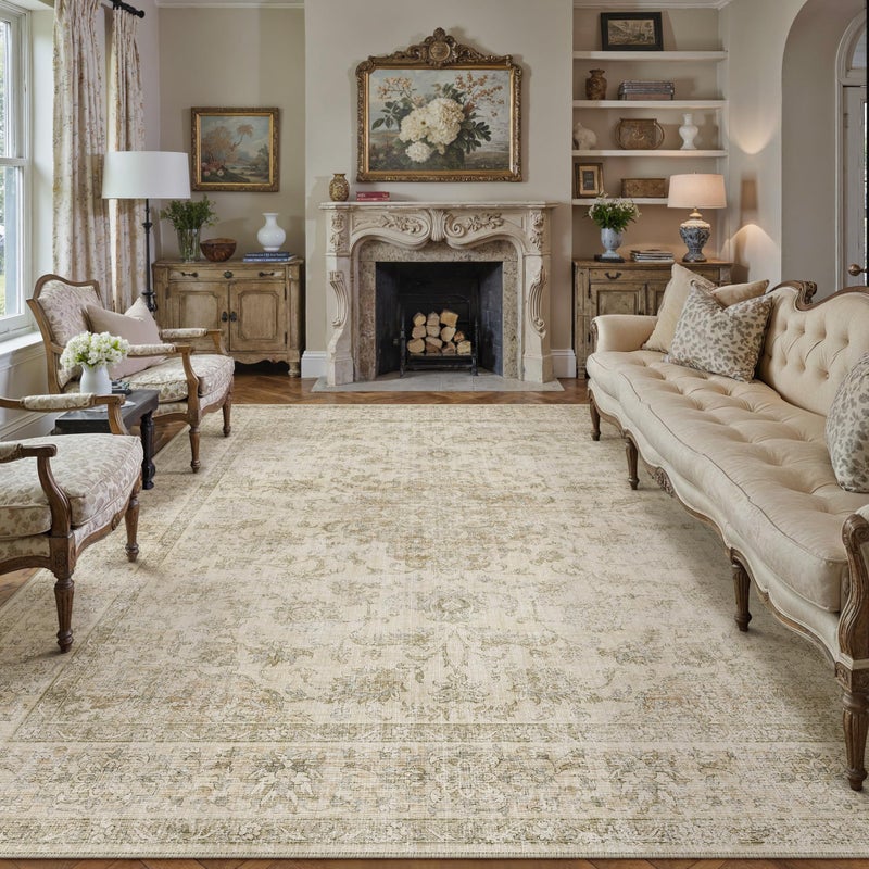 HUGEAR Retro Beige Area Rug 8x10 Machine Washable Living Room Rugs Distressed Vintage Floral Low Pile Carpet Bedroom Office Dining Room Laundry Room Non Slip Soft Lightweight - Image 1