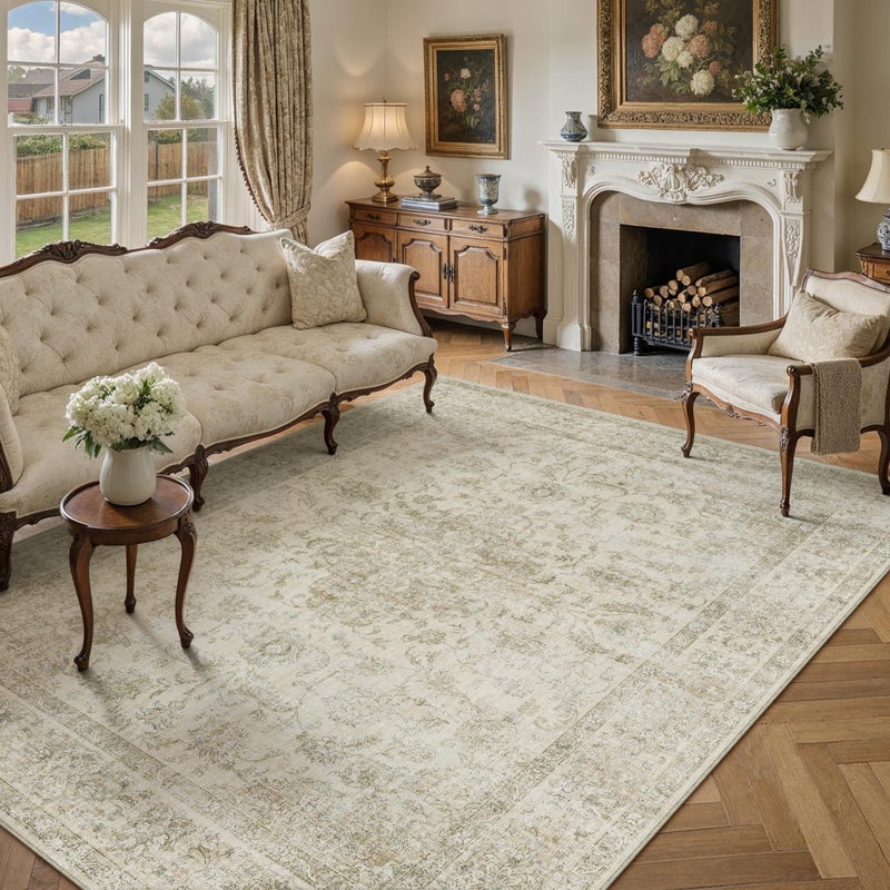 HUGEAR Retro Beige Area Rug 8x10 Machine Washable Living Room Rugs Distressed Vintage Floral Low Pile Carpet Bedroom Office Dining Room Laundry Room Non Slip Soft Lightweight - Image 3