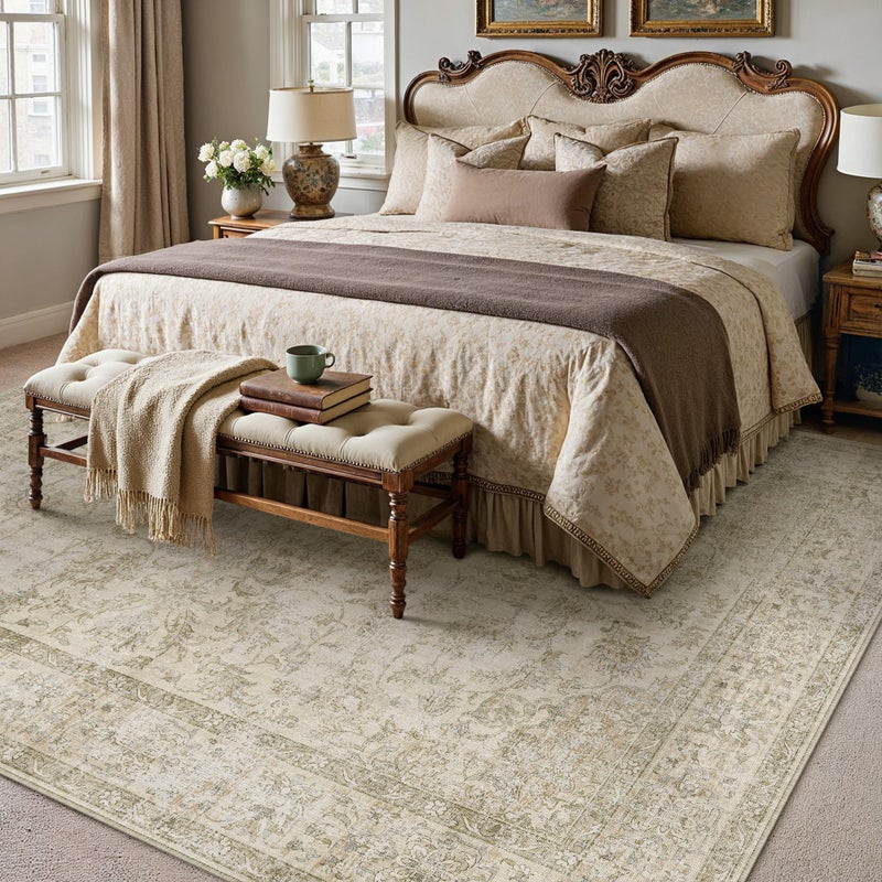 HUGEAR Retro Beige Area Rug 8x10 Machine Washable Living Room Rugs Distressed Vintage Floral Low Pile Carpet Bedroom Office Dining Room Laundry Room Non Slip Soft Lightweight - Image 4
