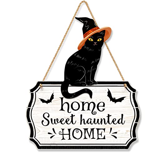 CIOEY Halloween Decorations 3D Black Cat Door Hanger Home Sweet Haunted Home Wooden Door Sign Rustic Wall Decor Spooky Welcome Sign for Haunted House Halloween Party Outdoor Indoor Decorative Signs - Image 1