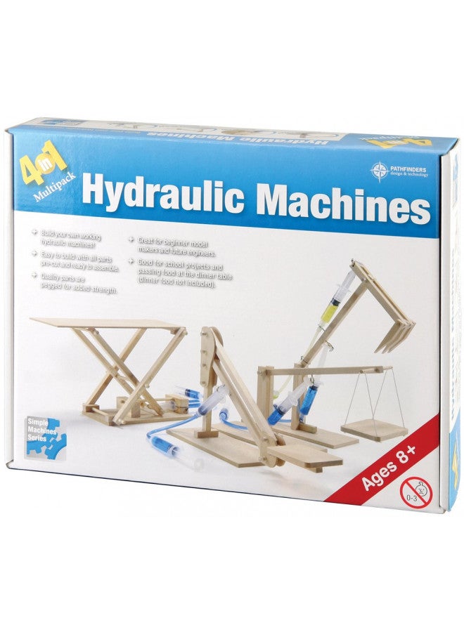 Pathfinders Hydraulic Machines 4-in-1 Wooden Kit (Cherry Picker, Platform Lifter, Excavator, Scissor Lift)