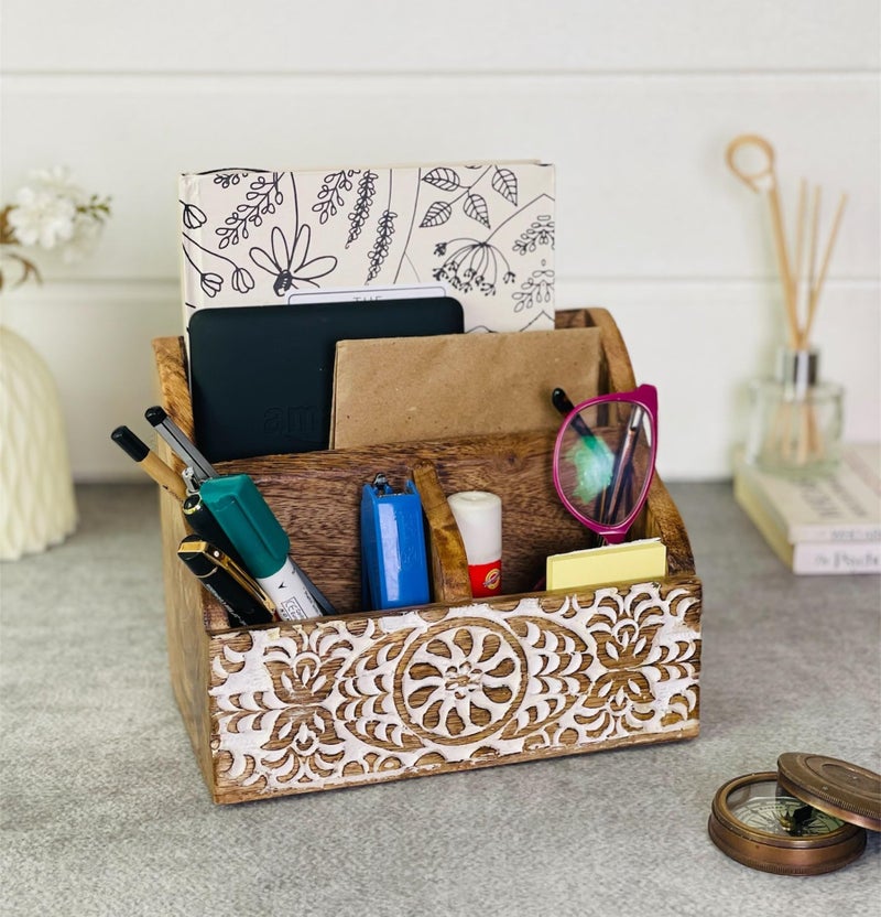 Mie Creations Wooden Office Desk Organizer Countertop, Farmhouse Stationary Aesthetic Organizer for Marker, Pen, Remote, Makeup Brush, Art Supplies Accessories, Modern Work Study Drawer Caddy- White Shabby Chic - Image 2