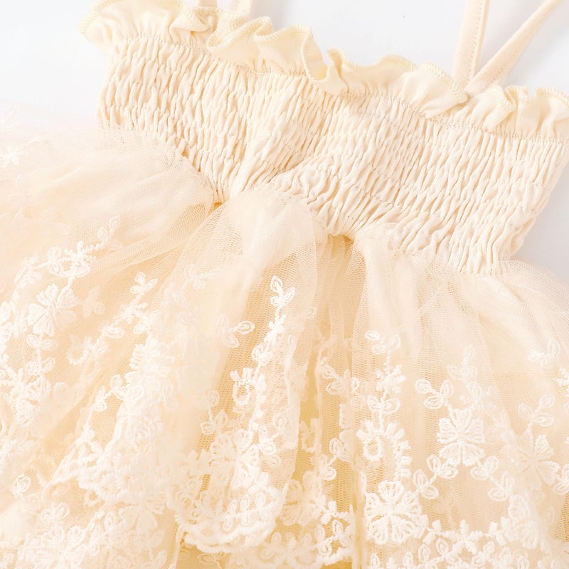 MERSARIPHY Newborn Baby Girl Summer Outfit Sleeveless Ruffle Smocked Halter Tulle Romper Dress One-piece Jumpsuit Clothes(Beige Embroidery,3-6 Months) - Image 5