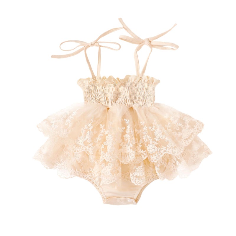 MERSARIPHY Newborn Baby Girl Summer Outfit Sleeveless Ruffle Smocked Halter Tulle Romper Dress One-piece Jumpsuit Clothes(Beige Embroidery,3-6 Months) - Image 1