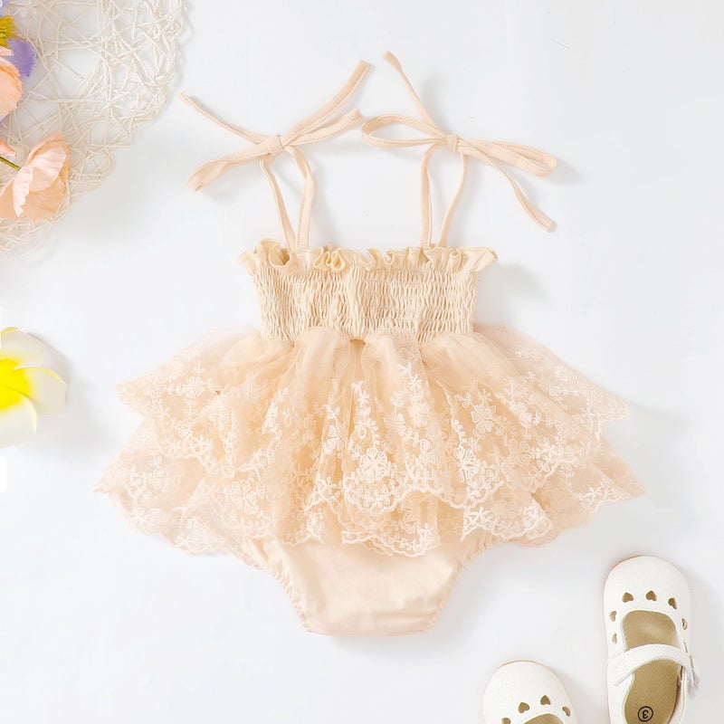 MERSARIPHY Newborn Baby Girl Summer Outfit Sleeveless Ruffle Smocked Halter Tulle Romper Dress One-piece Jumpsuit Clothes(Beige Embroidery,3-6 Months) - Image 3
