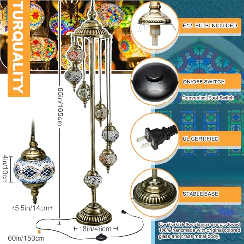 Hortsun Turkish Lamp Moroccan Floor Lamp Handmade Globe Living Floor Lighting Bohemia Standing Lighting for Decorative Home Designs(Floor,7 Globes Style) - Image 2