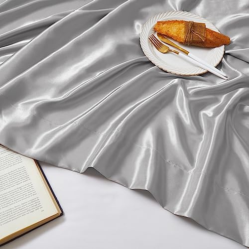 Ersmak Satin Flat Sheet Only, Single Flat Sheet King, Luxury & Ultra Soft Silky Bedding Top Sheet for King Mattress - Grey - Image 3
